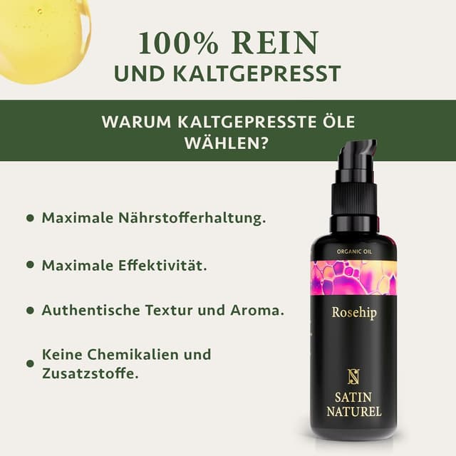 Detalle 2 de Satin Naturel BIO Hagebuttenöl (Rosa Canina), 100 ml – kaltgepresstes Gesichts-, Körper-, Massage- und Haaröl