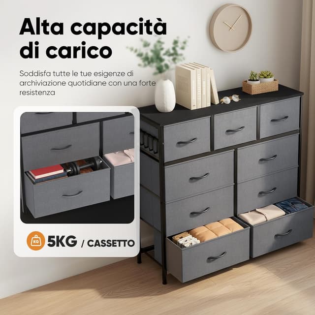 Detalle de HOKEEPER cassettiera stretta in tessuto con 9 cassetti e piano in legno/MDF (grigio)