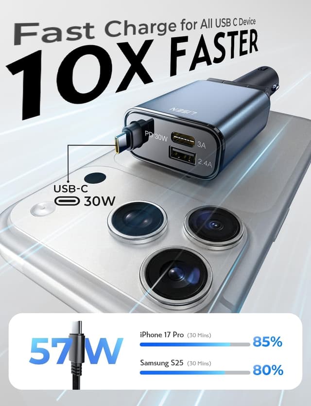 Detalle 2 de LISEN Retractable 57W USB‑C Car Charger