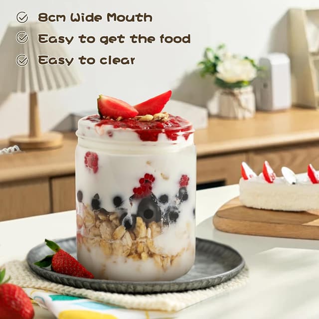 Detalle de YUEYEE 4 Meal Prep Gläser (600 ml) mit Deckeln – für Overnight Oats, Marinaden & Aufbewahrung