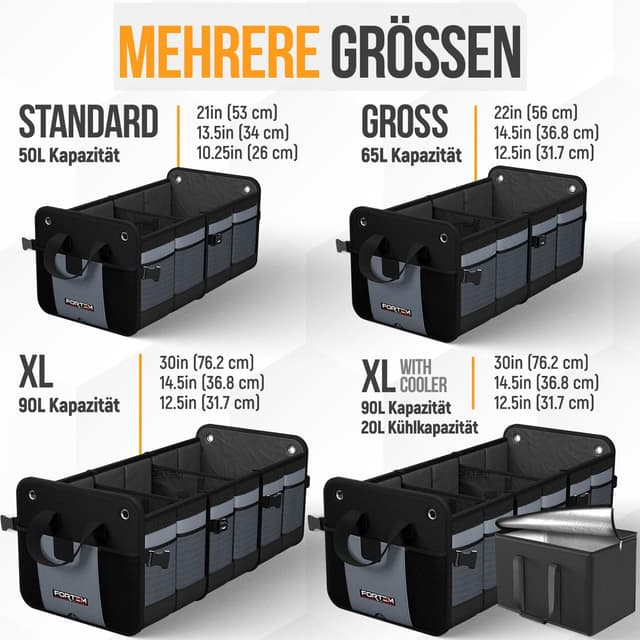 Detalle de FORTEM Kofferraum Organizer (klappbar) mit rutschfestem Boden, Seitentaschen und abnehmbarem Deckel – Grau, Groß