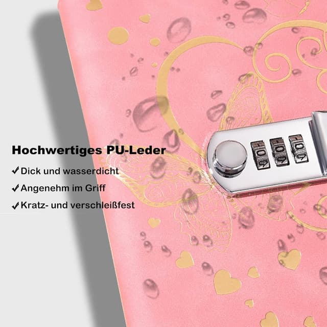 Detalle de Jalach B6 Tagebuch mit Schloss und Zahlenschloss (PU Leder, nachfüllbar) – hellblau mit Schmetterlingen