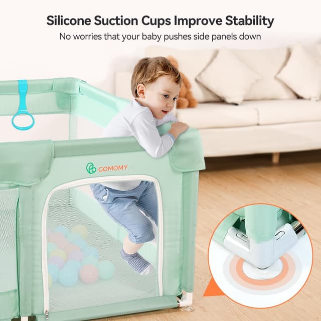 Detalle 2 de COMOMY Laufstall Baby 127x127 cm mit Weichem Netz, Schutzgitter und Oxford-Boden (Grün)