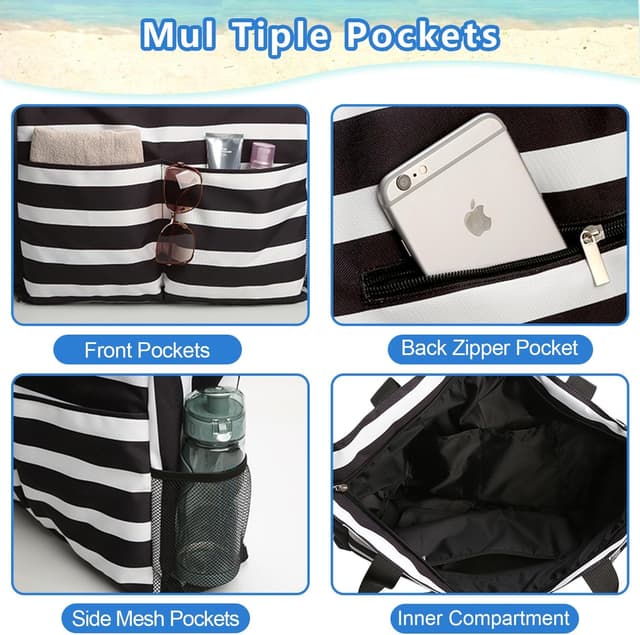 Detalle de TAHAVICE Strandtasche Damen XXL (43 x 38 x 15 cm, 45 L) mit Reißverschluss – wasserdicht & sandfest für Familie, Pool und Reise