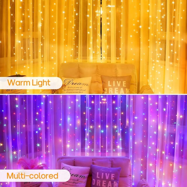 Detalle de A.bigwhale Lichtervorhang für innen 3x3 m mit 300 LEDs, dimmbar, 12 Modi, Timer & Fernbedienung