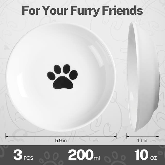 Detalle de Keramik Katzennapf 3er Set, weiß – flacher Futternapf mit rutschfestem Silikonring für Perser & Flachgesichter