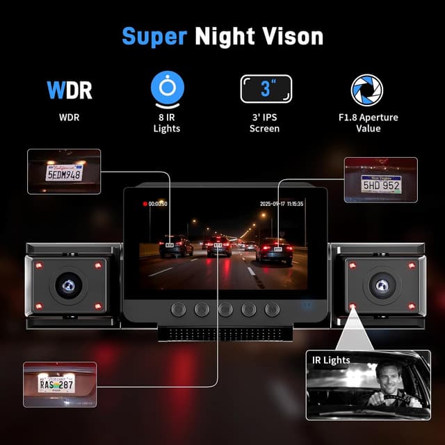 Detalle de 4-Channel 360° Dash Cam (Front/Rear/Left/Right) with GPS, 5GHz WiFi, App Control, G-Sensor & 24H Parking Mode