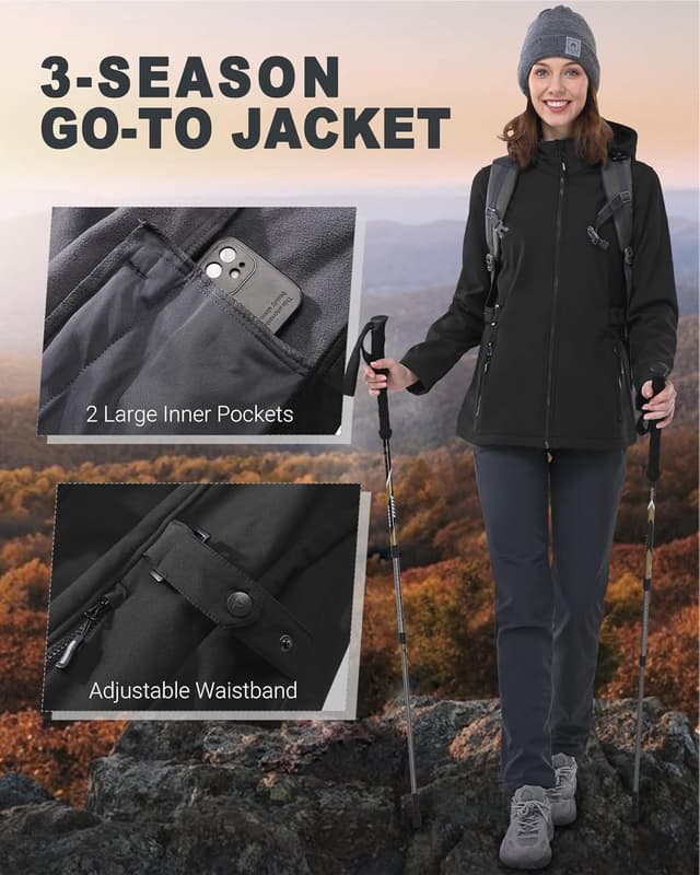 Detalle de Outdoor Ventures Damen Softshelljacke kurz gefüttert – wasserdicht, winddicht mit abnehmbarer Kapuze