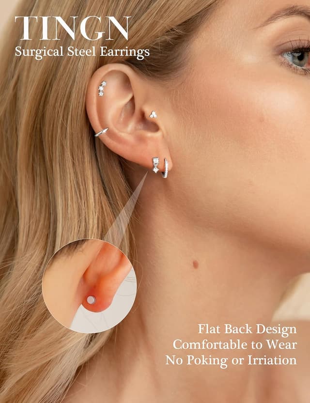 Detalle de TINGN 7 Paar hypoallergene Ohrringe aus 316L-Edelstahl, 14 Karat goldplattiert – Set für empfindliche Ohren mit Schraubverschluss
