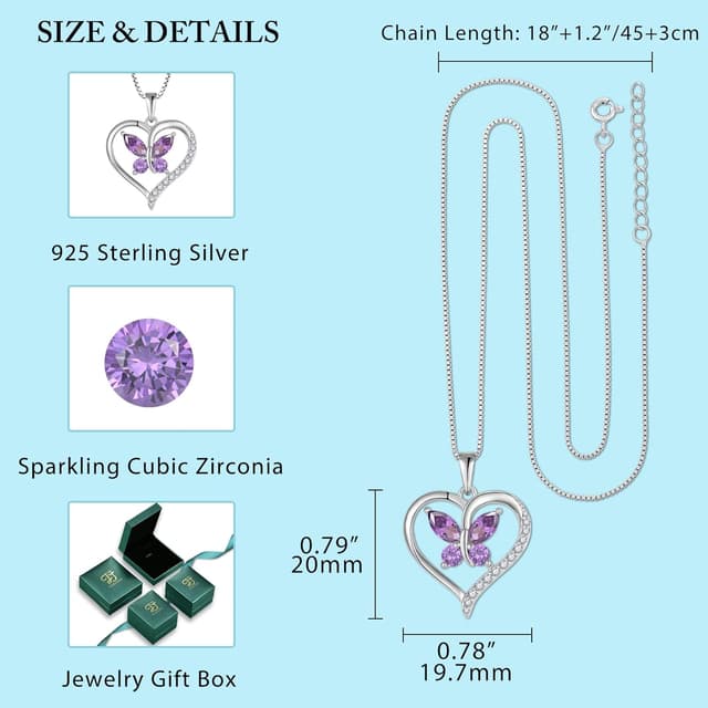 Detalle de FJ Herz-Schmetterling-Kette für Damen aus 925 Sterling Silber mit Geburtsstein & Anhänger