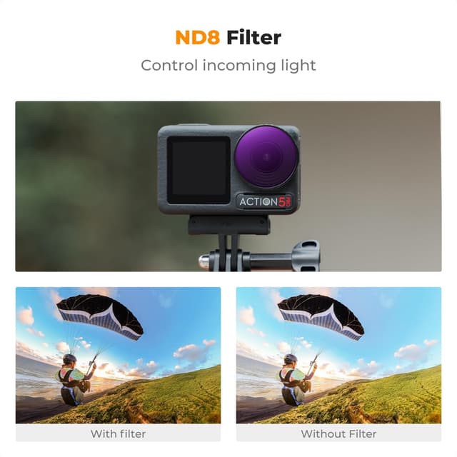 Detalle de K&F Concept ND8 filter for DJI Osmo Action 5 Pro / Action 4 / Action 3 – 3-stop neutral density (optical glass)