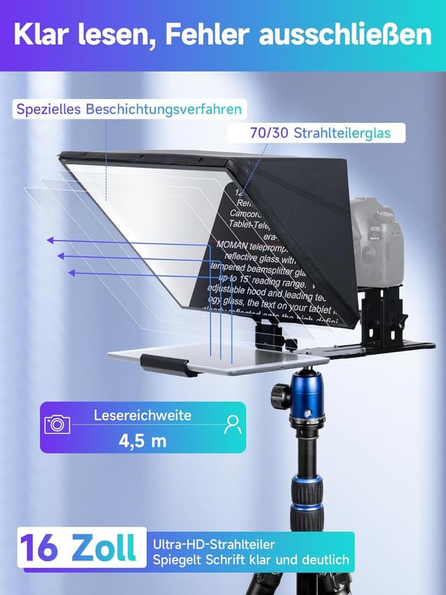 Detalle 2 de Moman MT16 Teleprompter (16 Zoll) – für iPad/Tablet/Smartphone mit App & Fernbedienung