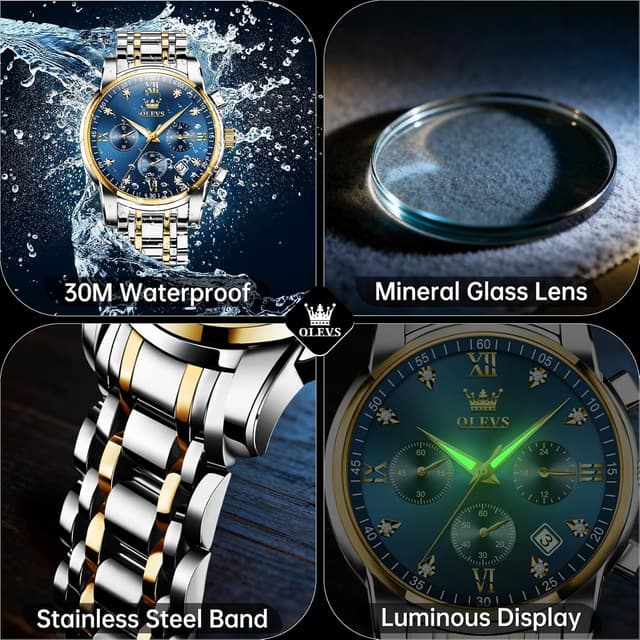 Detalle de OLEVS Men’s Chronograph Watch (Gold & Silver Stainless Steel) – Analog Quartz with Waterproof Dial