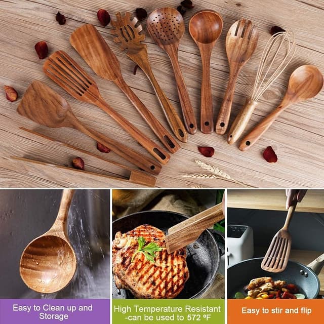 Detalle de 10-Pack Teak Wooden Cooking Utensils Set (Wood Spoons, Spatulas, Ladle & More) — Non-Scratch Kitchen Tools