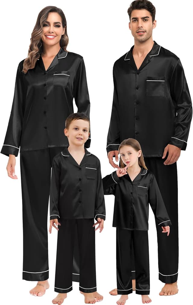 Detalle 2 de SWOMOG Girls Pyjamas Set in Silk Satin – Long Sleeve Button-Down 2-Piece Kids Sleepwear