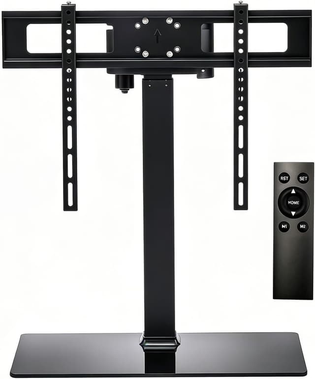 Detalle de Universal Motorized TV Mount with Remote (Tempered Glass Base) — Electric Height Adjustment for Desktop or Floor