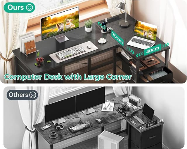 Thumbnail 6 de Coleshome Computer Corner Desk with Drawers (140×70 cm) with Built-in Power Outlet, L-shaped, Black