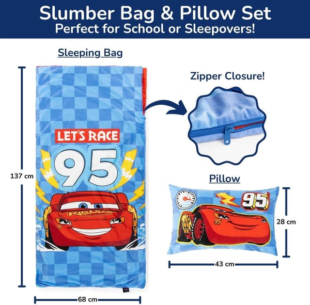 Detalle 2 de Children’s Slumber Bag & Pillow Set – Cosy Cars theme (137 x 61 cm) for indoor sleepovers & school trips