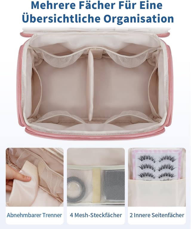 Detalle de WANDF Reise-Kulturbeutel für Damen – weit geöffnete Kosmetiktasche mit Griff, Rosa (29 x 16,5 x 19 cm)