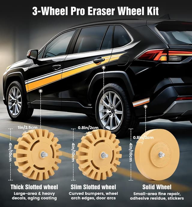 Detalle de OrbitShell Eraser Wheel Decal Remover Tool Kit with Rubber Wheels, Razor Scrapers & Drill Adapters