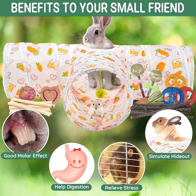 Detalle de LECHONG 42-in-1 Box Natural Rabbit Toys with Collapsible Tunnel Set (chews & hideout for rabbits and small pets)