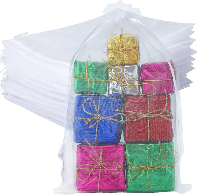 Detalle de G2PLUS Weiß Organzasäckchen Groß 20x30 cm (50 Stück) mit Kordelzug – Geschenkbeutel für Hochzeit & Lavendel