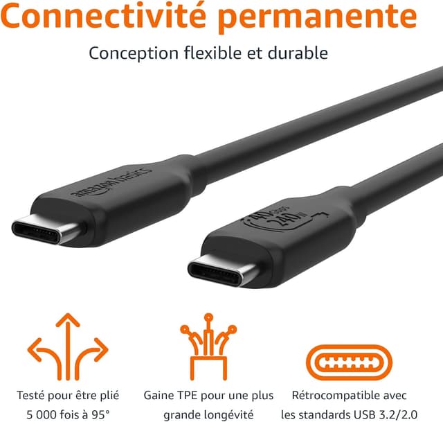 Detalle de Amazon Basics Câble USB‑C vers USB‑C 4 (Thunderbolt 4/3) 240 W, données 40 Gbit/s, vidéo 8K, 1 m noir