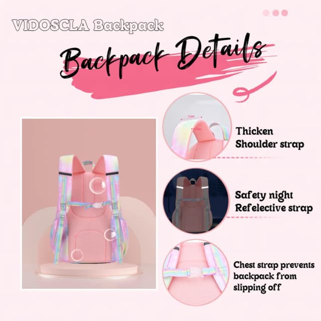 Detalle 2 de VIDOSCLA Cute Colourful Casual Daypack for Girls (Gradient Pink) – Kids School Backpack, 29 x 16 x 41cm