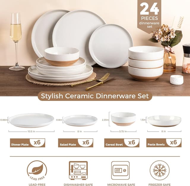 Detalle de AmorArc 24-Piece Ceramic Dinnerware Set for 6 with Handpainted Pasta Bowls