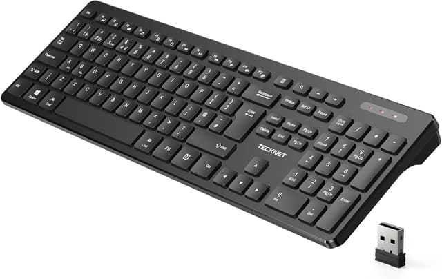 Detalle de TECKNET Wireless Keyboard (2.4G USB + Bluetooth) UK Layout, Full Size Ergonomic Keyboard with 105 Days Standby, Black