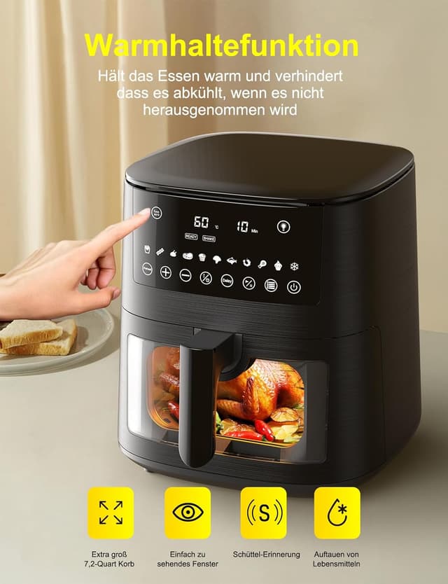 Detalle 2 de Heißluftfritteuse Airfryer mit Sichtfenster 7,2 l – 11-in-1 XXL Air Fryer mit Warmhalten, Vorheizen & Timer
