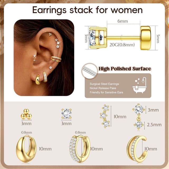 Detalle de Roheafer 7 Paar Ohrringe-Set: 14K vergoldete Creolen & flache Ohrstecker aus 316L-Edelstahl für Damen