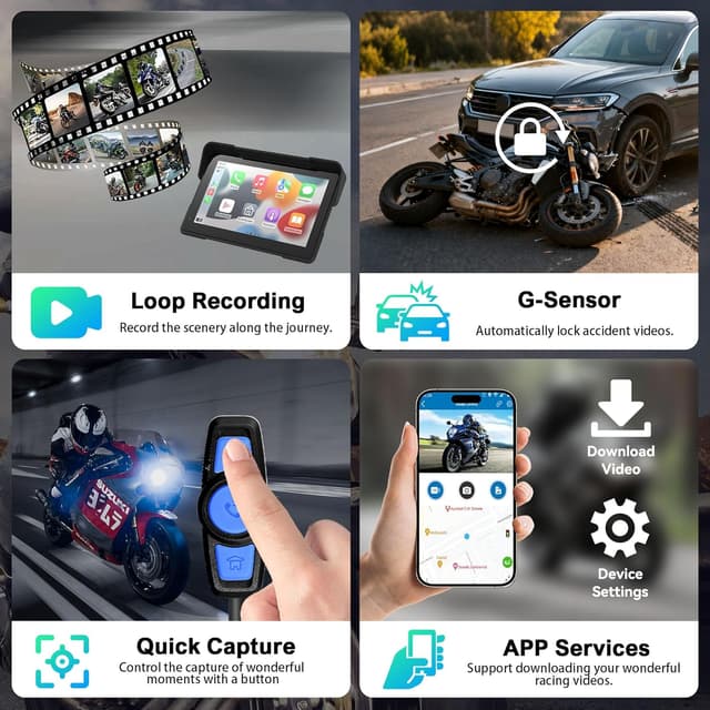 Detalle 2 de Wireless Motorcycle CarPlay & Android Auto GPS (7-Inch Touchscreen) with AHD Dual Cam, Siri/Google Assistant, Looping, GPS, TMPS, IP69K