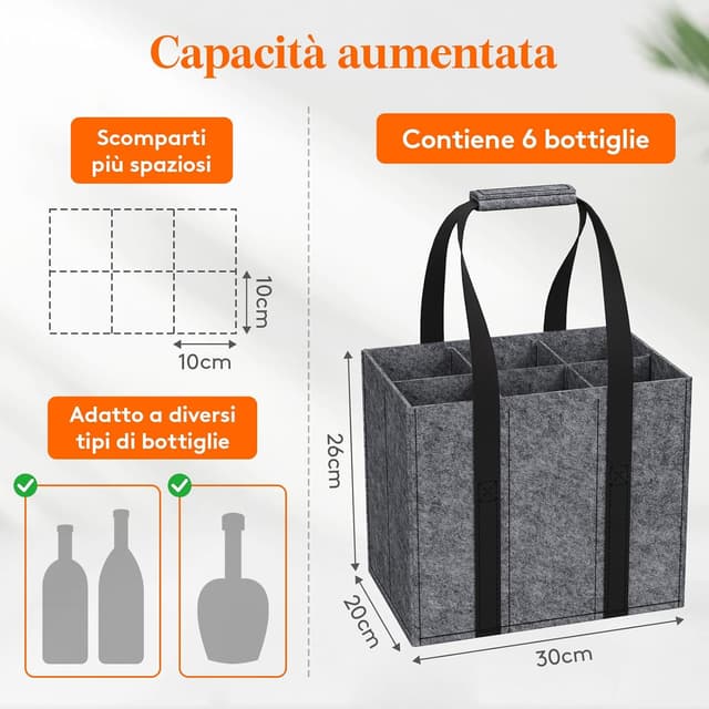 Detalle de Lifewit Borsa portabottiglie in feltro rinforzato con manici e 6 scomparti (30 x 20 x 26 cm)
