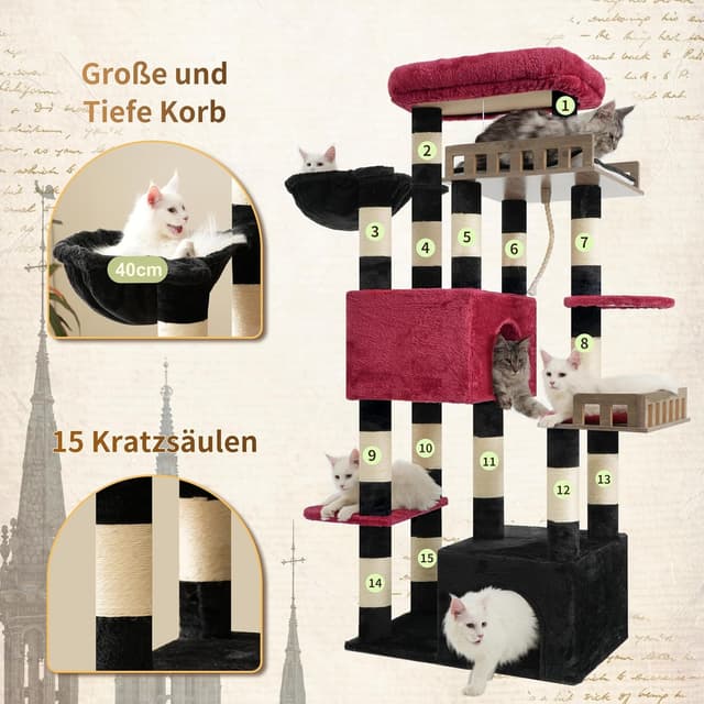 Detalle de Gitelsnour Kratzbaum groß 174 cm mit Hängematte, 2 Sitzstangen und 15 Kratzstangen (GCT033BR)