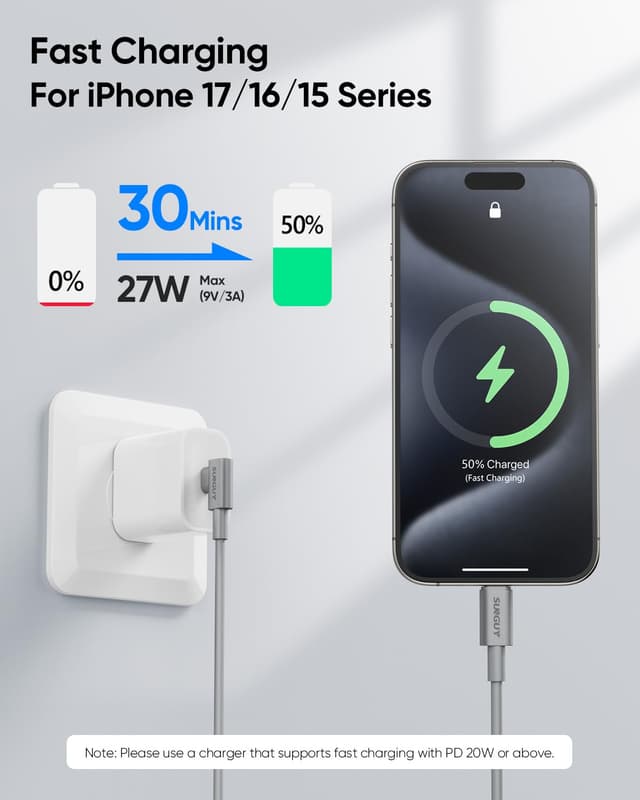 Detalle 1 de SUNGUY Cavo USB-C a USB-C angolare 90° con ricarica rapida PD fino a 60 W, nylon intrecciato (1,2 m, 2 pezzi) – Grigio