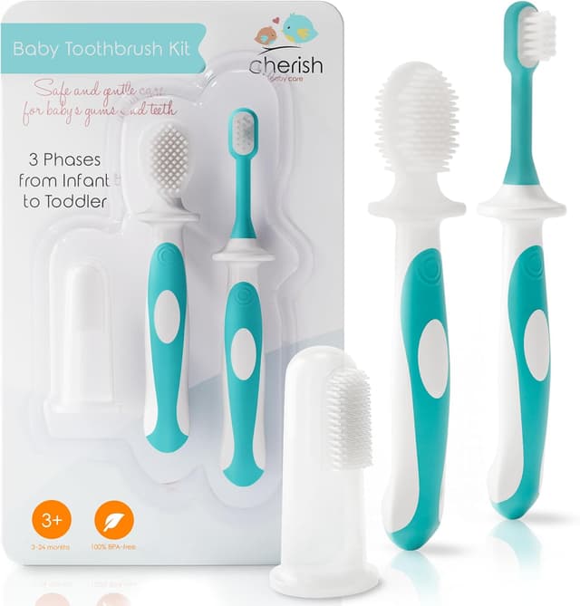 Detalle de Cherish Baby Care Baby Toothbrush Set 0–2 Years (BPA-Free, Food-Grade Silicone) – Teal