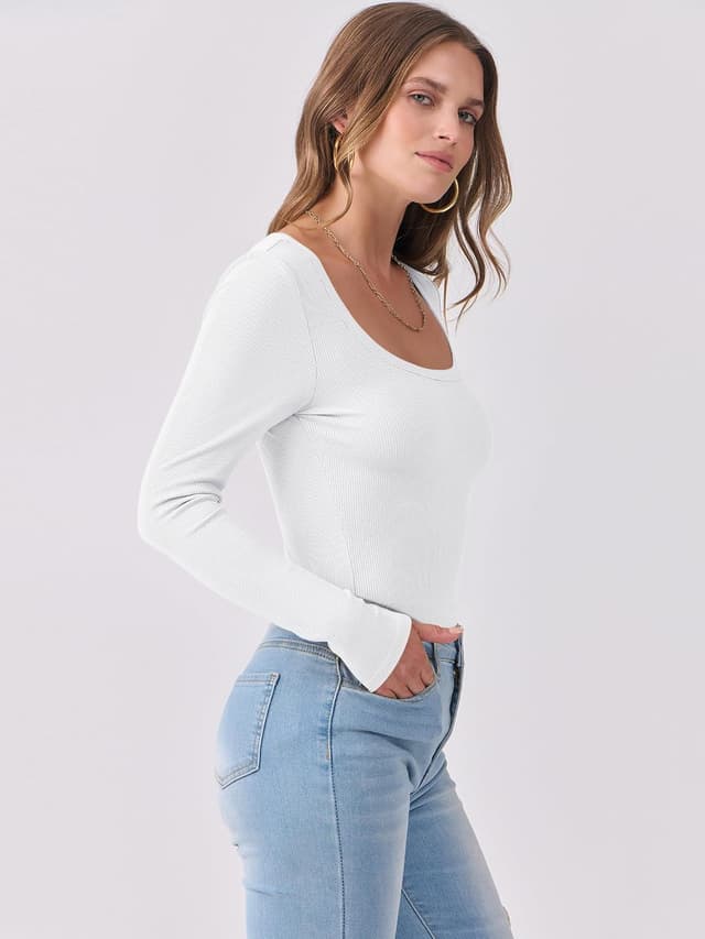 Detalle de DUOEASE Langarmshirt Damen Basic Slim Fit mit U-Ausschnitt – einfarbiges Stretch-Top