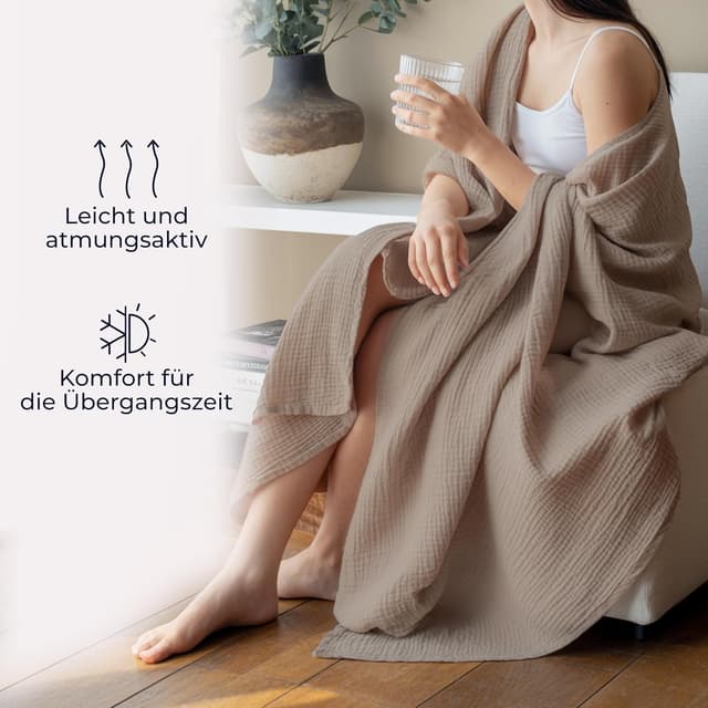 Detalle de Dreamzie Musselin Tagesdecke 220x240 cm (Baumwolle, Oeko-Tex) – Taupe