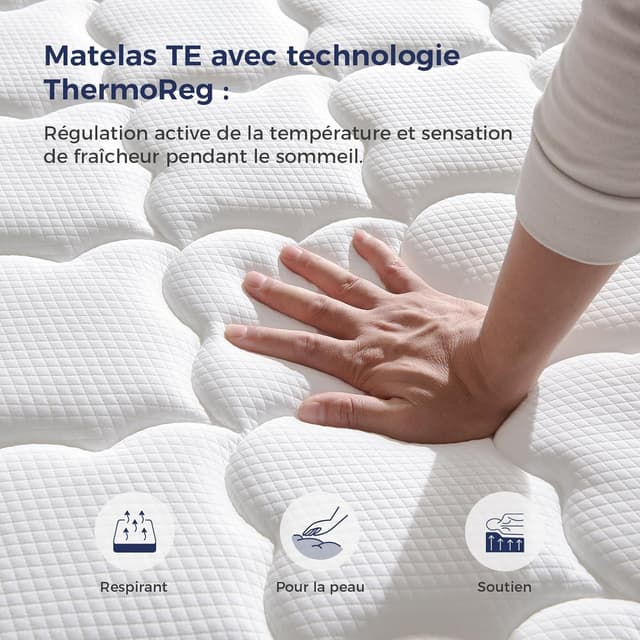 Detalle de Matelas Inofia Tartan-E 140x190 à ressorts ensachés 7 zones, gel HermoReg et housse VitaFlow 28 cm