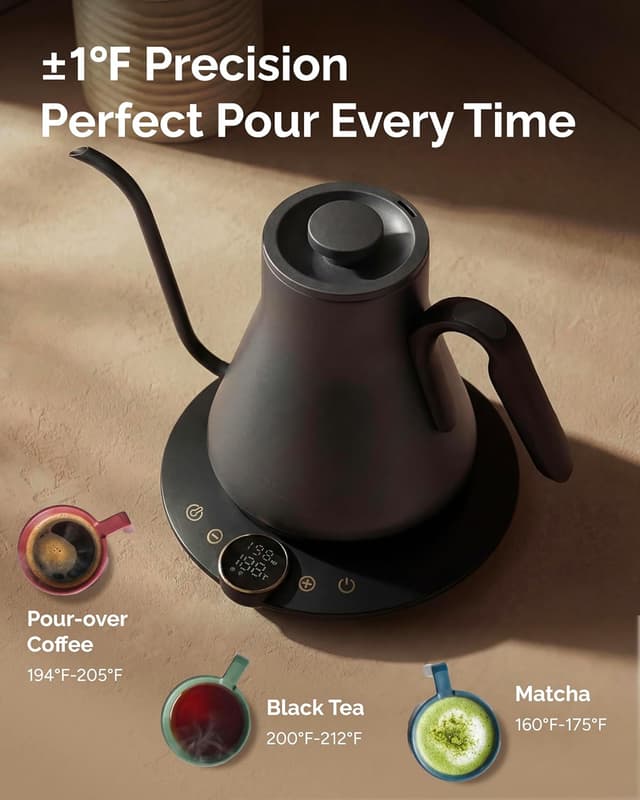 Detalle de INTASTING Electric Kettle with Gooseneck Spout, ±1℉ Temperature Control (0.9L, Dark Grey)