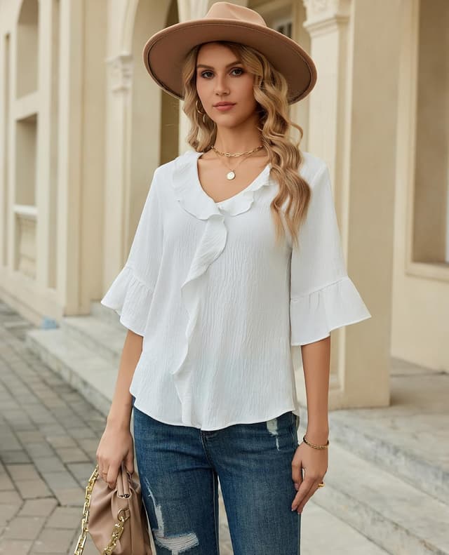 Detalle 2 de siliteelon Women’s 3/4 Sleeve Ruffle Bell Blouse for Business Casual & Formal Work