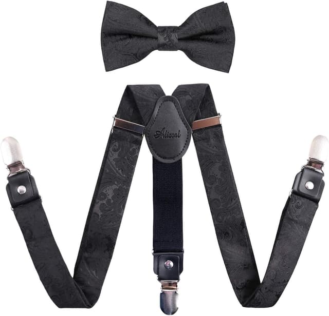 Detalle de Alizeal Boys Adjustable Floral Paisley Pre-tied Bow Tie and Y Shape 3 Clips Braces Set