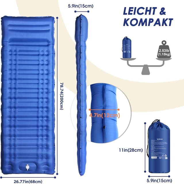 Detalle de Arlierss Isomatte Luftmatratze für Camping & Wandern, 12 cm Dicke mit Fußpumpe und Kissen