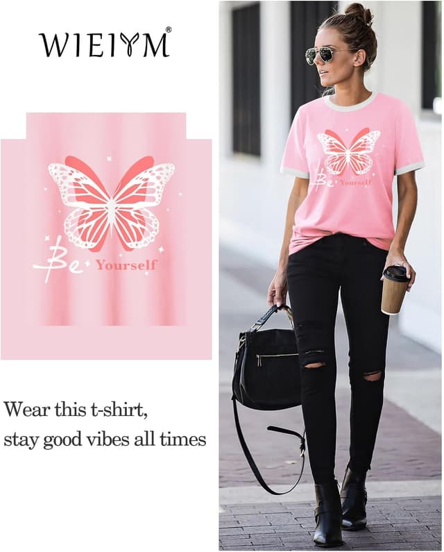 Detalle de WIEIYM women’s butterfly slogan T-shirt (Be Yourself) – soft cotton blend graphic tee