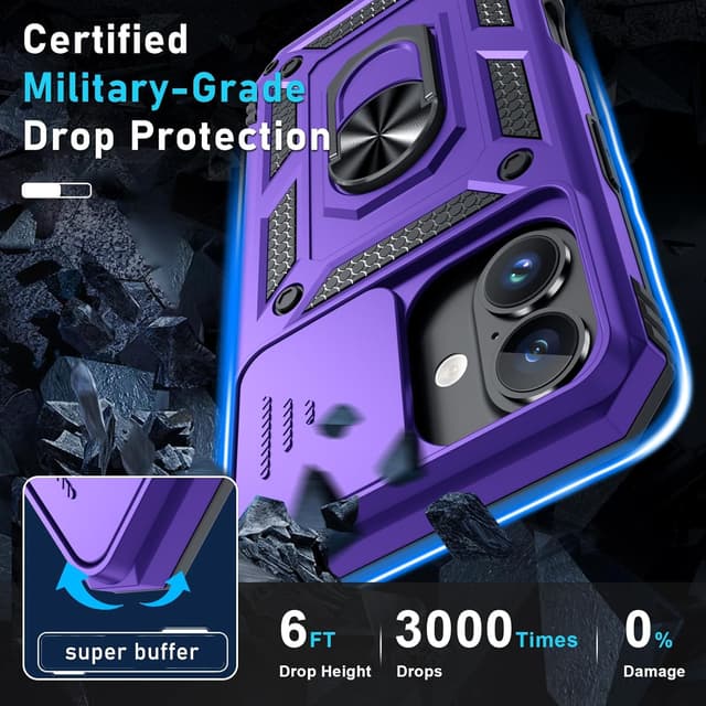 Detalle de Janmitta Case for iPhone 14 & iPhone 13 with Slide Camera Lens Cover, Kickstand & Tempered Glass Screen Protector (Purple)