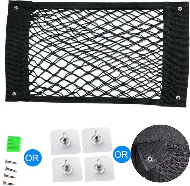 Detalle 2 de Kofferraum Taschen Auto Klett – Gepäcknetz & Organizer (2er Set) mit 3 Montagearten und verstärkten Metallösen