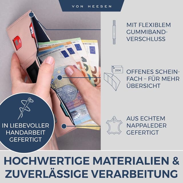 Detalle 2 de VON HEESEN Slim Wallet mit Münzfach & RFID-Schutz – Leder-Geldbeutel im Kartenformat
