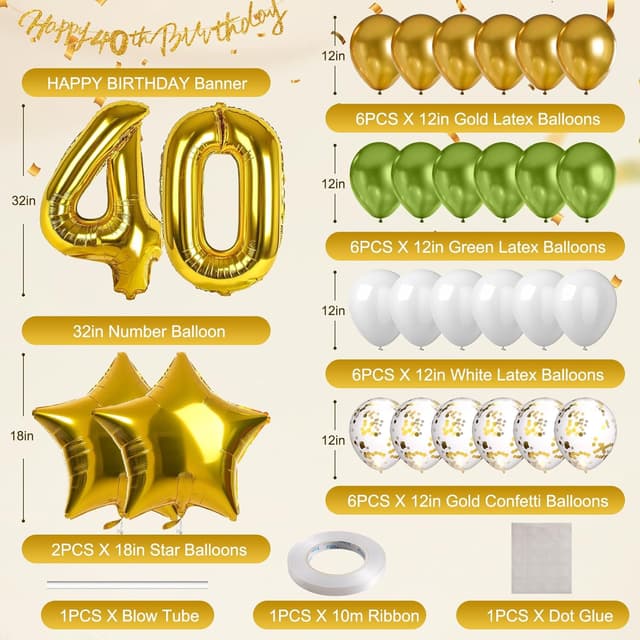 Detalle 2 de Kit déco ballons anniversaire 40 ans MIEWAA : bannière Happy Birthday + ballon chiffre 40 + étoiles foil et ballons latex