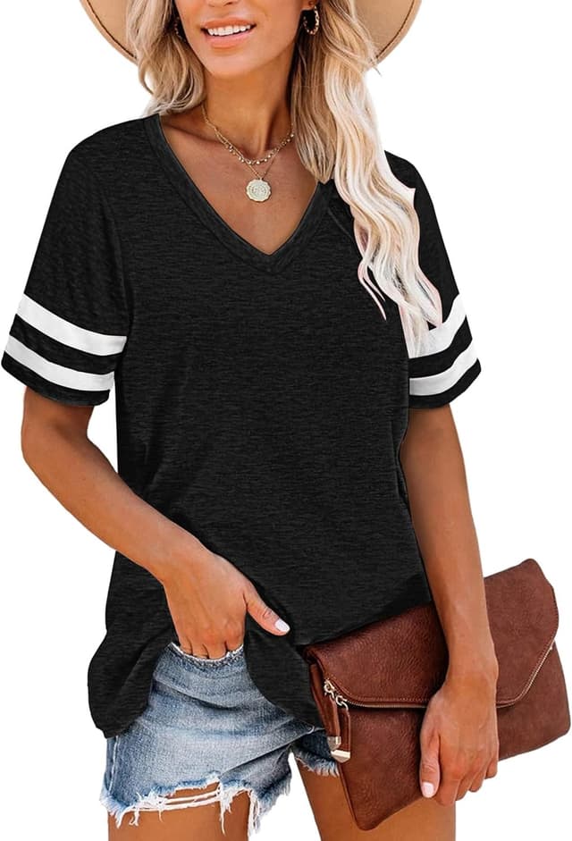 Detalle de MOLERANI t-shirt femme à manches courtes encolure en V rayée, décontracté été (S à 2XL)